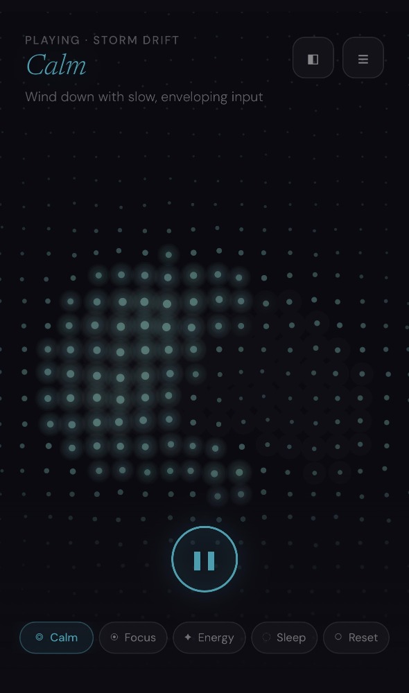 Velop app in Calm mode showing a touch-interactive dot grid visual