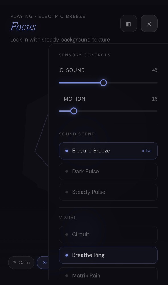 Velop Focus mode with sensory controls